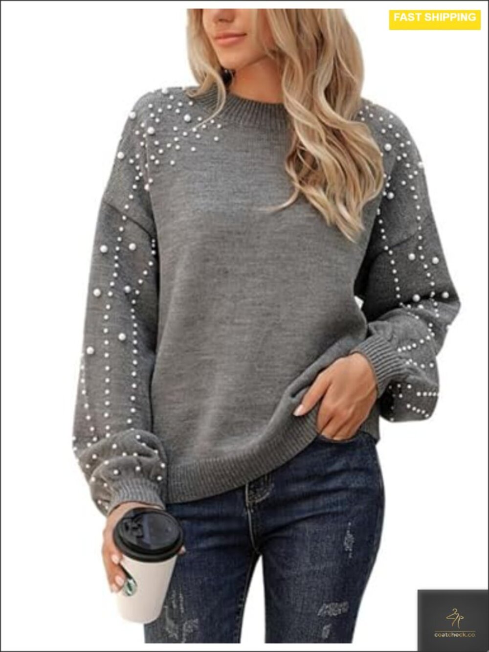 Oversized Chunky Knit Sweater with Pearls Mock Neck Lantern Sleeve Pullover